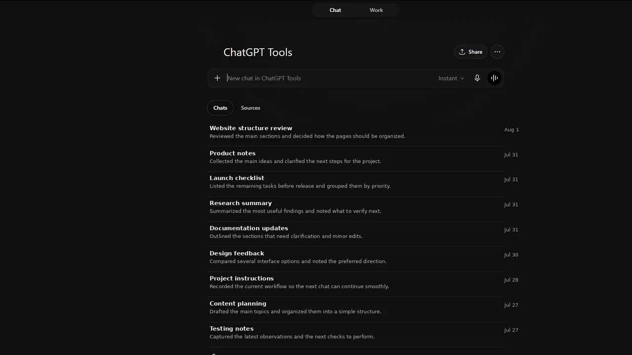 A ChatGPT Project workspace with related conversations