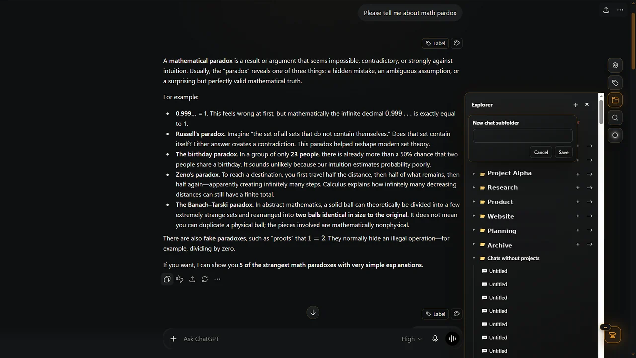 ContinuForge Explorer showing projects and chat organization