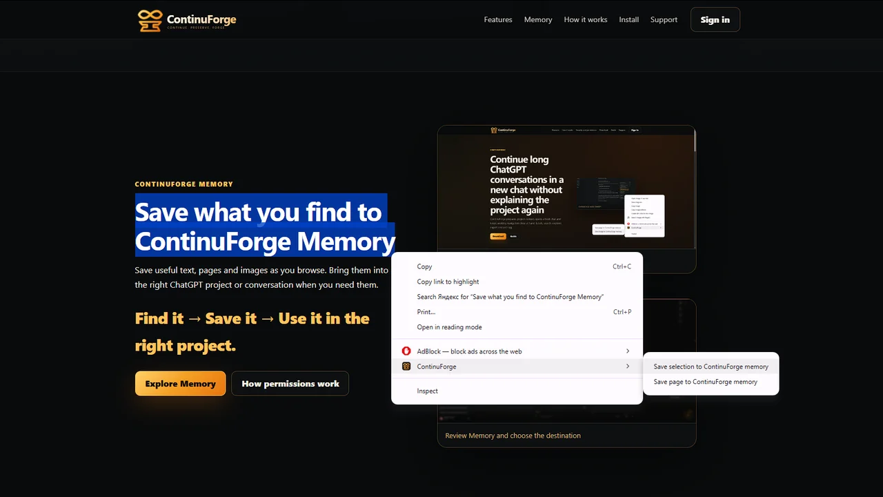 ContinuForge context menu for saving selected web content