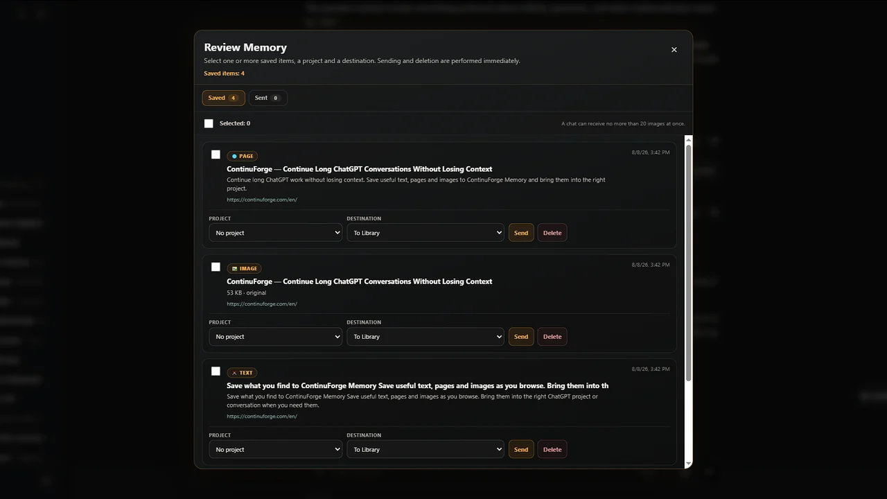 ContinuForge Review Memory with saved page image and text items