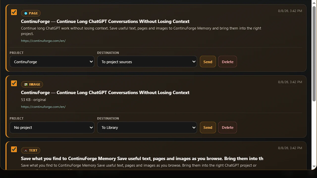 ContinuForge Memory destination selectors for routing saved material