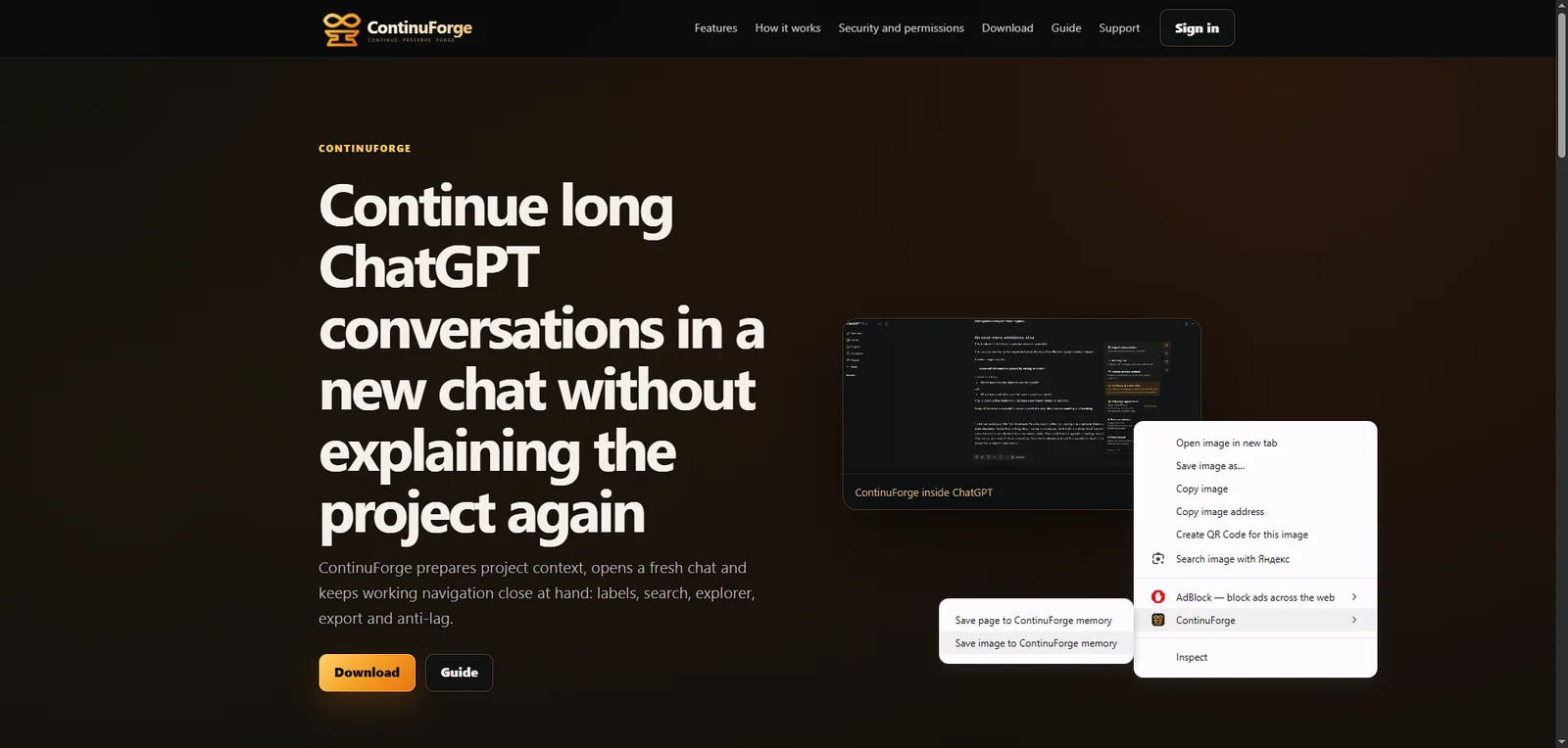 Saving a page or image to ContinuForge Memory from the browser context menu